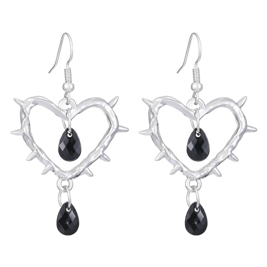 Spiked Heart Dangle Earrings With Red Drop Charms Gothic Style Silver Tone Earrings For Women