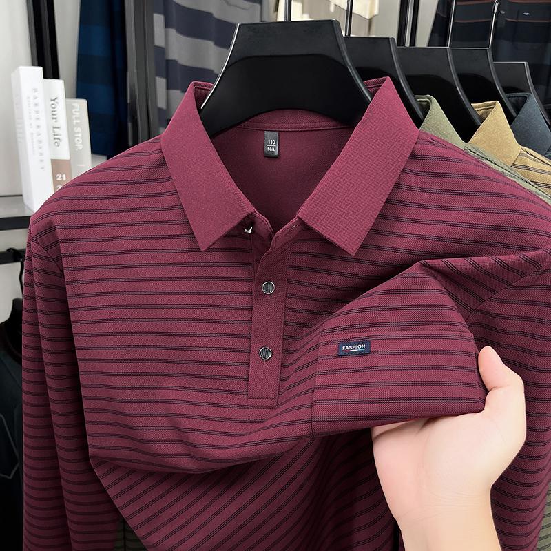 Men's Polo Shirt Lapel Long Sleeve T-Shirt Autumn Striped Pocket Fashion Business Classic Versatile Menswear