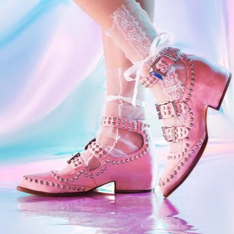 Fashion New Style Round Toe Riveted High Heels Women's Thick Heels Ankle Frenulum Microfiber/Satin Fashion Pearl  Ladies Large Size 43