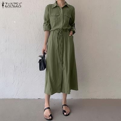 Women Caual Turn Down Collar 3/4 Sleeve Loose Dress