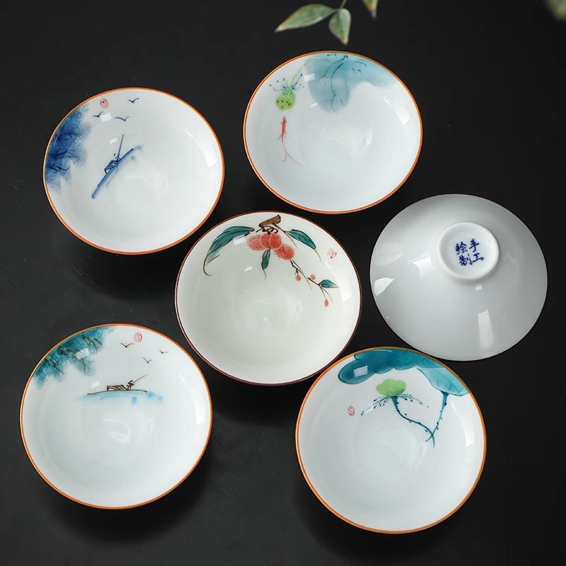 Chinese Ceramic Tea Cup Hand-painted Flower and Bird Cup Travel Tea Bowl Home Ceramic Tea Set Master Cup 60ml