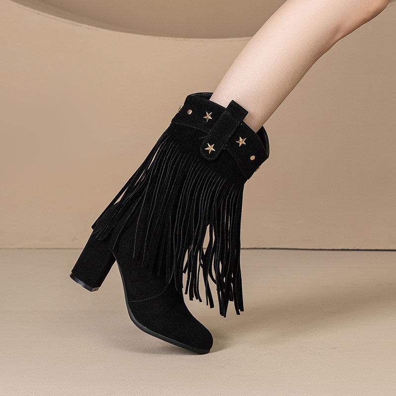 Women's high-heeled short boots autumn and winter new thick-heeled large-size fringed short boots