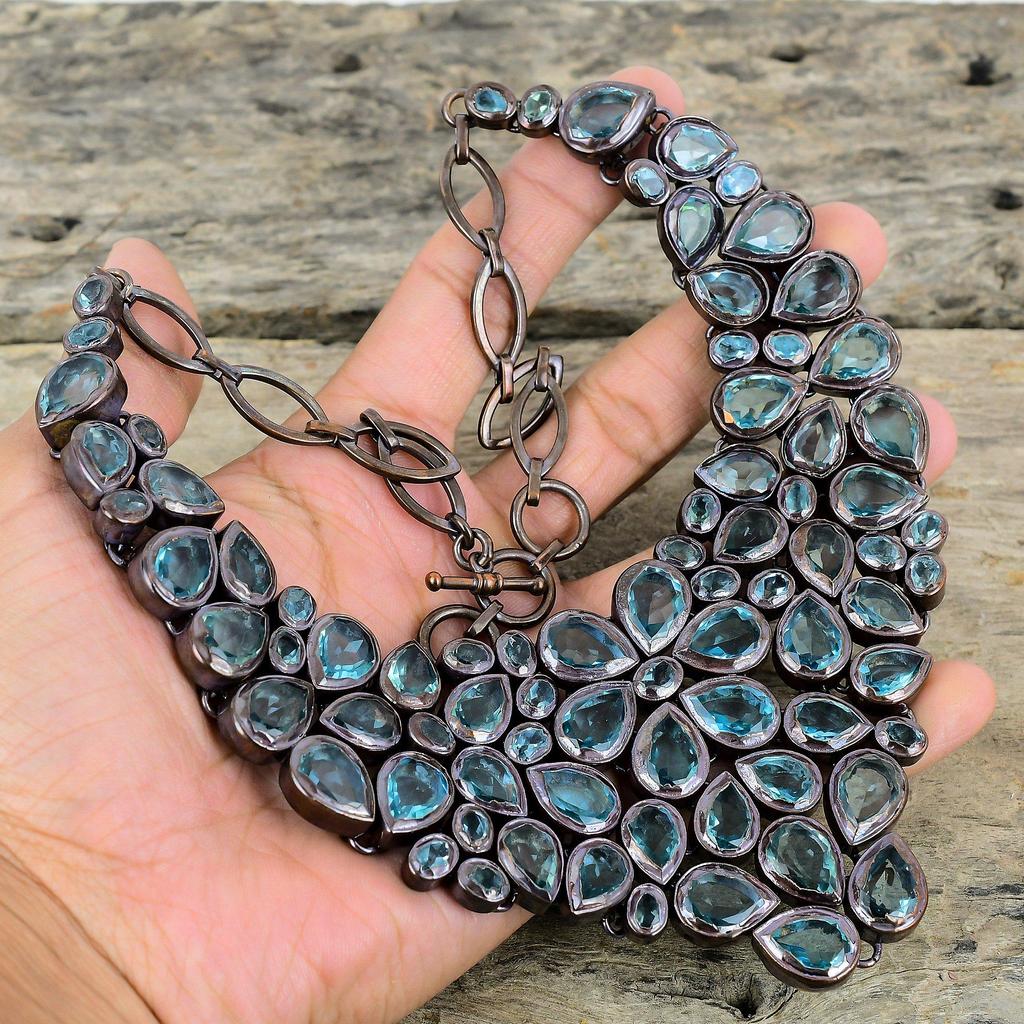 Faceted Swiss Blue Topaz Necklace Electroformed Copper Necklace Adjustable Chain Necklace Dainty Gemstone Necklace Handmade Jewelry For Gift