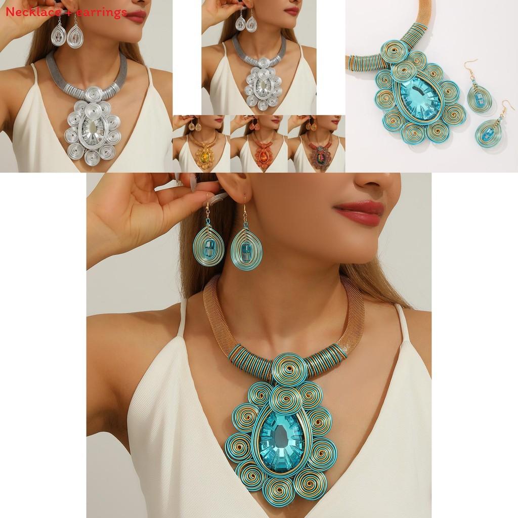 Spring 2025 Boho Jewelry Set With Electroplated Crystal Pendant And Artistic Earcuffs For Women