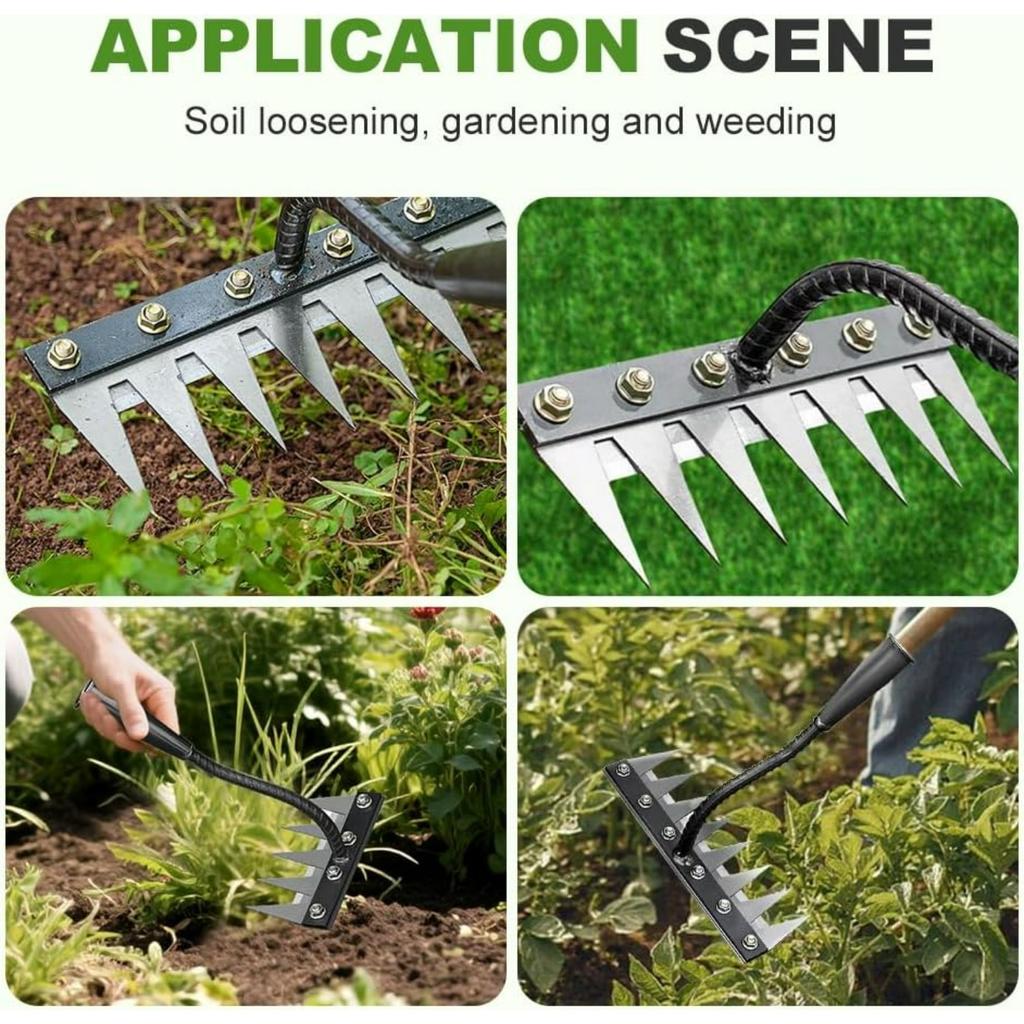 Iron Weeding Rake 2.0,7 Teeth Carbon Steel Garden Weeder Rakes,Iron Rake for Yard Lawn and Garden,Heavy-Duty Gardens Hand Weeder Puller Tool