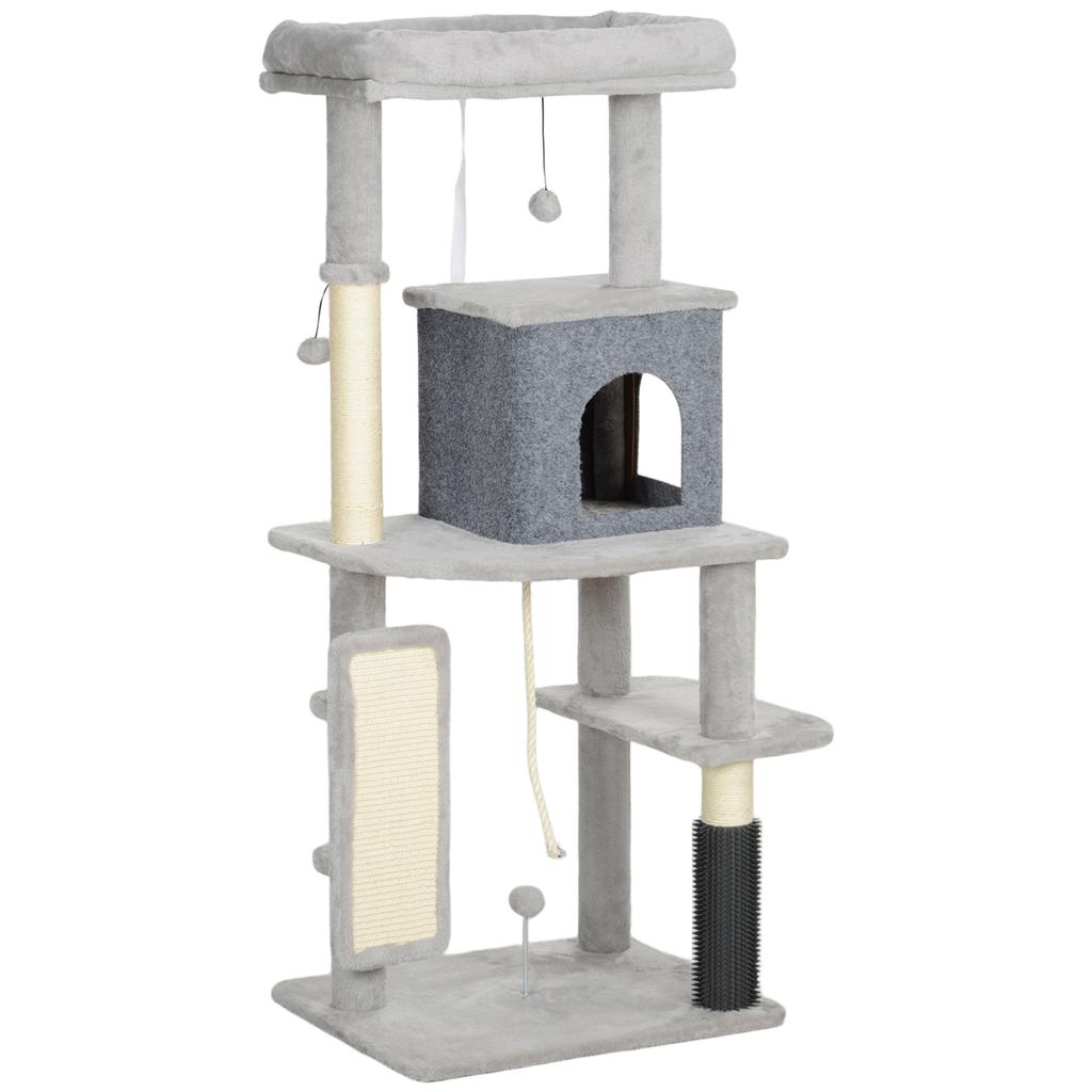 132cm Cat Tree W/ Scratching Posts, Pad, Cat Bed, Cat House, Jumping Platform, Grooming Brush, Anti-Tip Kit, Light Grey