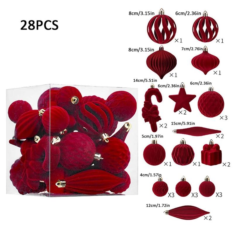 28pcs/set Christmas Flocked Shaped Christmas Ball Set New Year Party Decoration Christmas Balls Gift Box