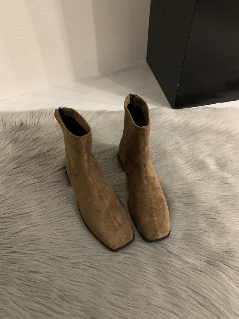 2025 Autumn and Winter New Minimalist Soft Leather Square Head Versatile Low-heeled Martin Boots Women's Rear Zipper Flat-bottomed Thin Short Boots