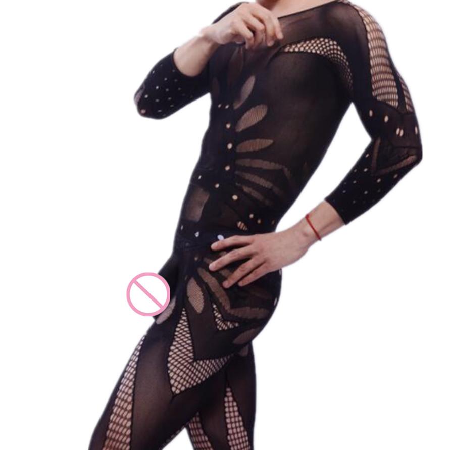 Gentleman Underwear Novelty Male Bodysuit One-Piece Fishnet Clothing Funny Men Jumpsuit Sexy Lingerie Man Sissy Sleepwear Black