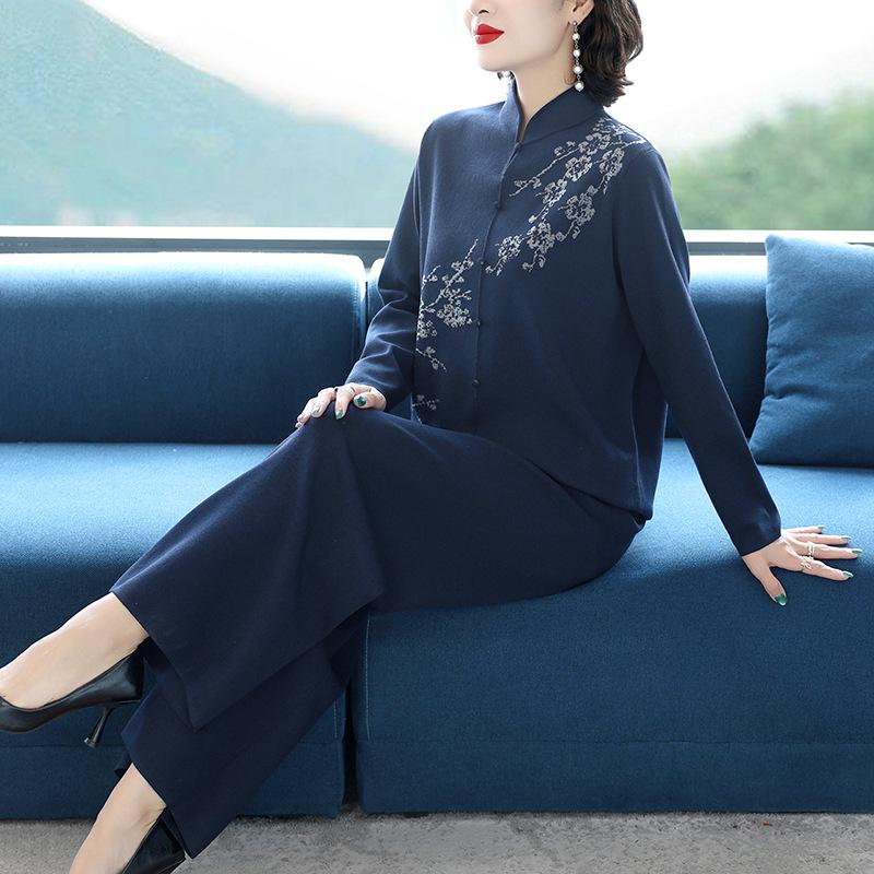 Herbst 2025 Damen Lässiges Strick Zweiteiler-Set: Lässiges Oberteil & Weitbeinige Hosen für Mütter mittleren Alters