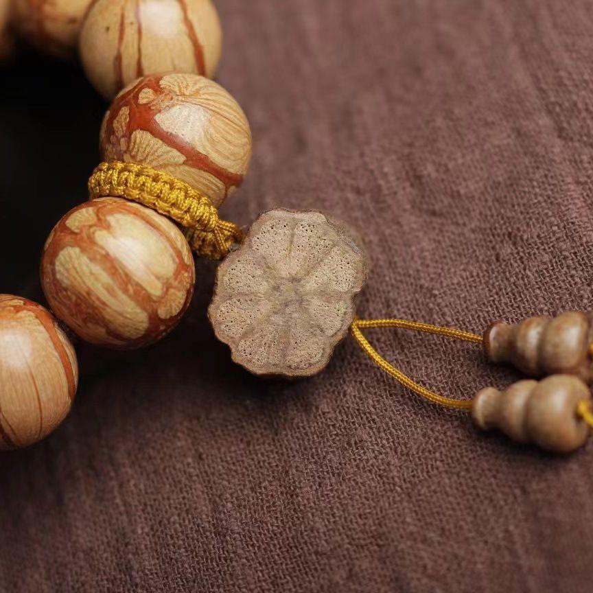 Plum Blossom Bone Inlay Prayer Beads Bracelet with Chen Mei Hua Wood and Six Paths Wood Grain