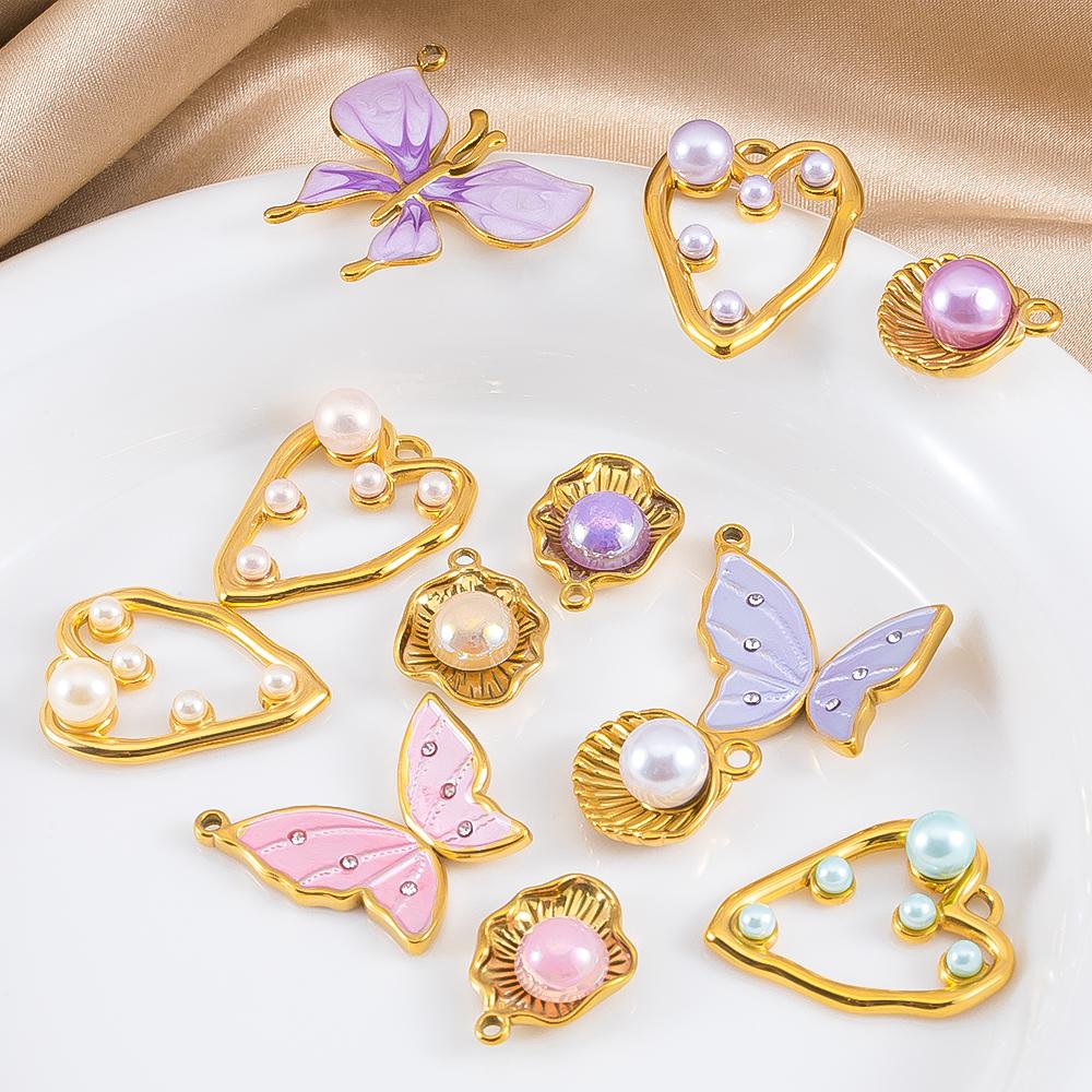 2pcs Stainless Steel Enamel Butterfly Pendants Crystal Bead Imitation Pearl Shell Heart Charm DIY Trendy Necklace Jewelry Making