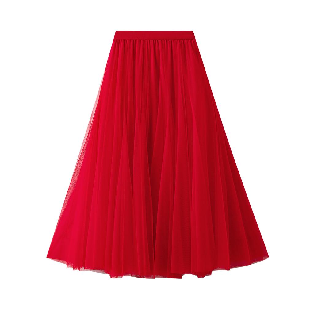Women's Tulle Skirt Elastic High Waisted A-Line Layered Flowy Long Skirts Pleated Mesh Midi Skirts for Women Casual Beach Ruffle Skirts for Party