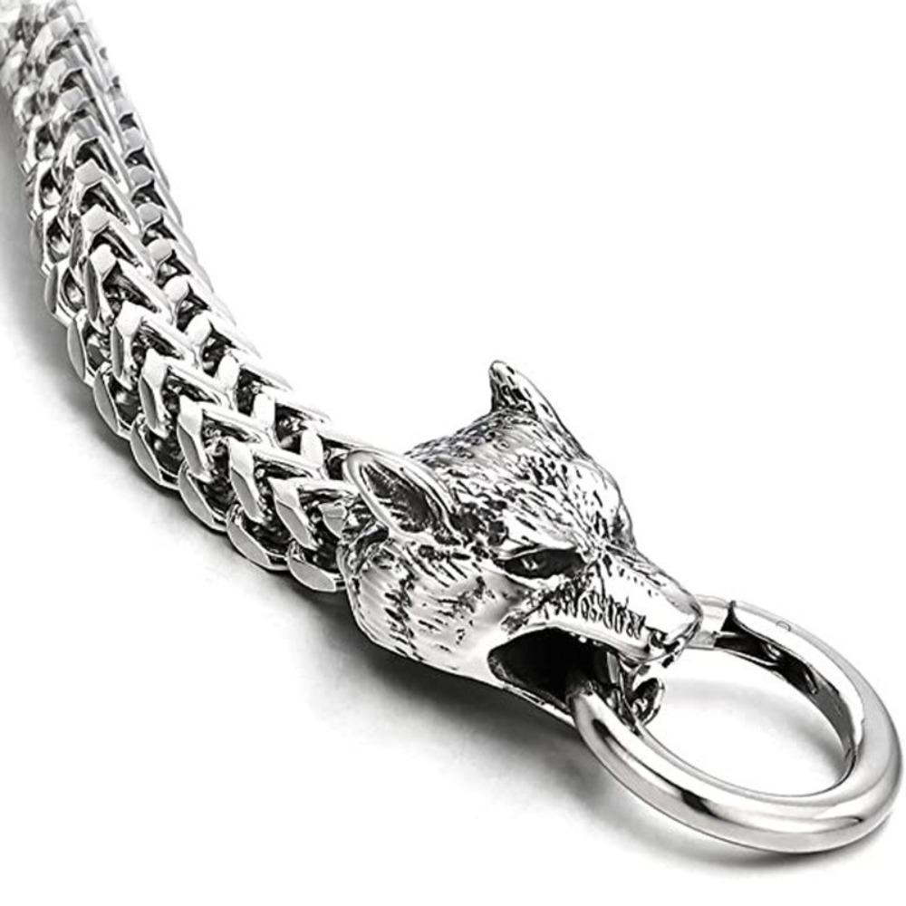 Viking Wolf Head Bracelet for Men Stainless Steel Chain Link Retro Handmade Jewelry Gift