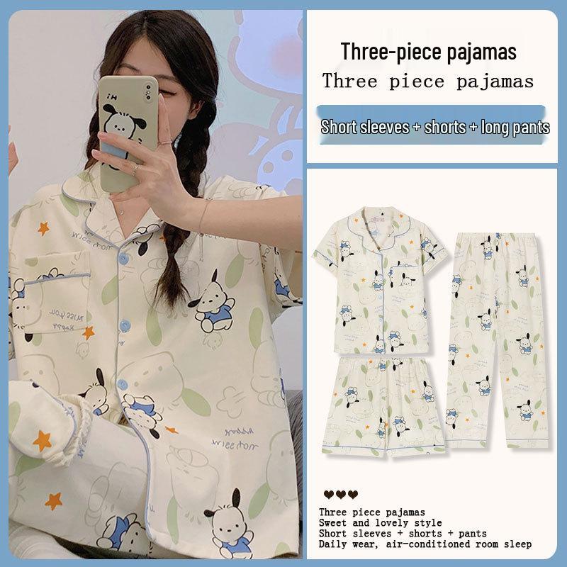 Summer Fashion Pajamas: Women's Short Sleeve Three-Piece Set with Cartoon Pacha Dog Design, Suitable for Home or Outdoors