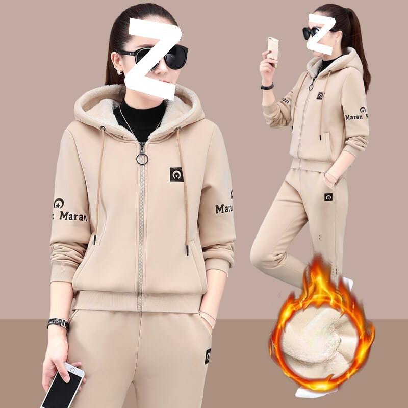 Thick-fabric Padded Long-sleeved Pullover Set - Mid-aged and Elderly Women's Fall and Winter Warm and Fashionable Casual and Sportswear Two-piece Set