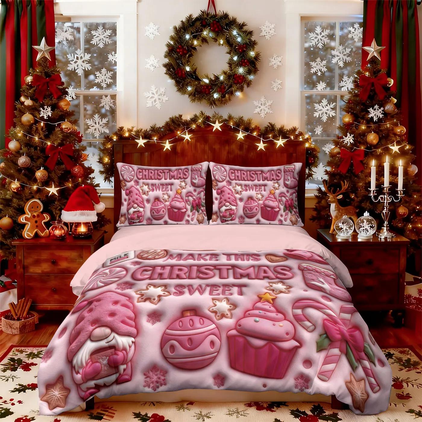 

3Pcs Pink Imitation Bedding Set Relief Christmas Dwarf Print Coreless Duvet Cover Set Soft Dormitory Bedroom Decor Multiple Size Duvet Cover Set&EU Single(135x200cm)