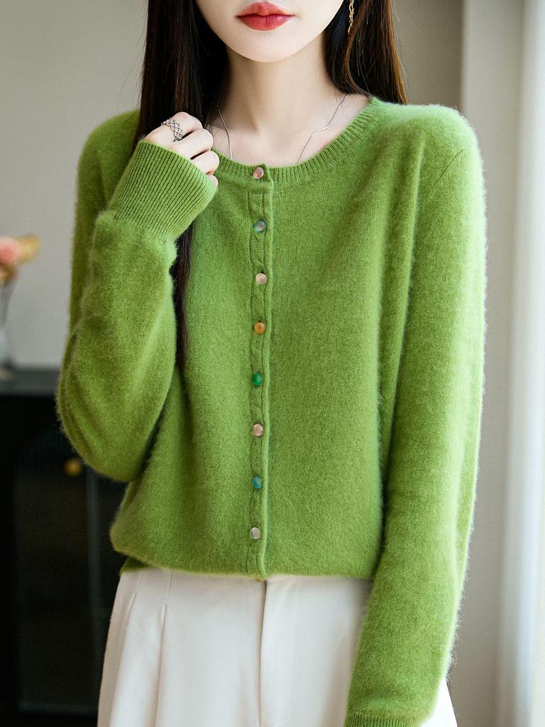 Women's Luxury Pure Wool Cardigan - Thick, Round Neck, Crystal Buttons, Autumn/Winter Style