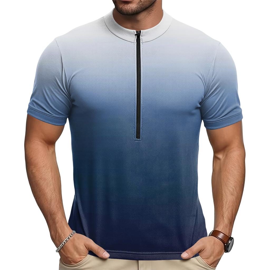 Men’s Crew Neck Gradient Print Zip Breathable Quick Dry Short Sleeve Cycling Jersey for Outdoor Sports Riding