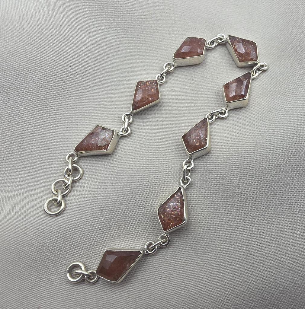 925 Sterling Silver Natural Sunstone Bracelet Handmade Gemstone Link Jewelry