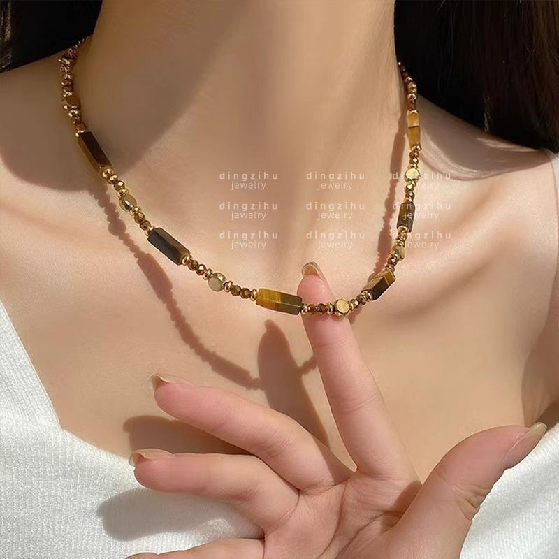 Tiger Eye Beaded Choker Necklace Gold Tone Natural Stone Boho Jewelry for Women
