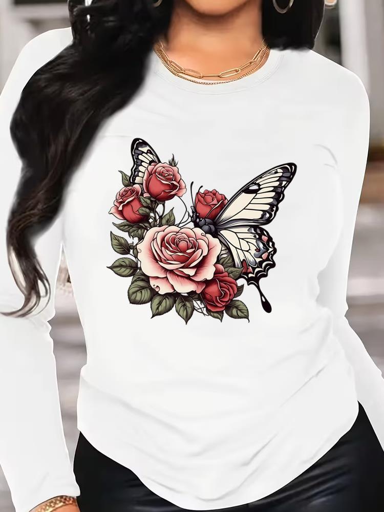(Asian Size) Tee o-neck Print autumn winter spring Women Clothing butterfly 90s trend Casual Long Sleeve T Shirt Fashion Top Graphic T-shirts