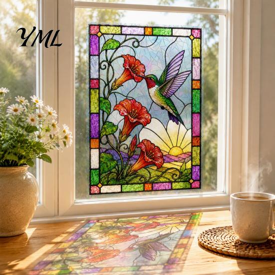 Static Decorative Window Film Stained Glass Clings, Hummingbird Flower Stickers, Removable No Glue Decal PVC Decals for Home Door Sunroom Privacy