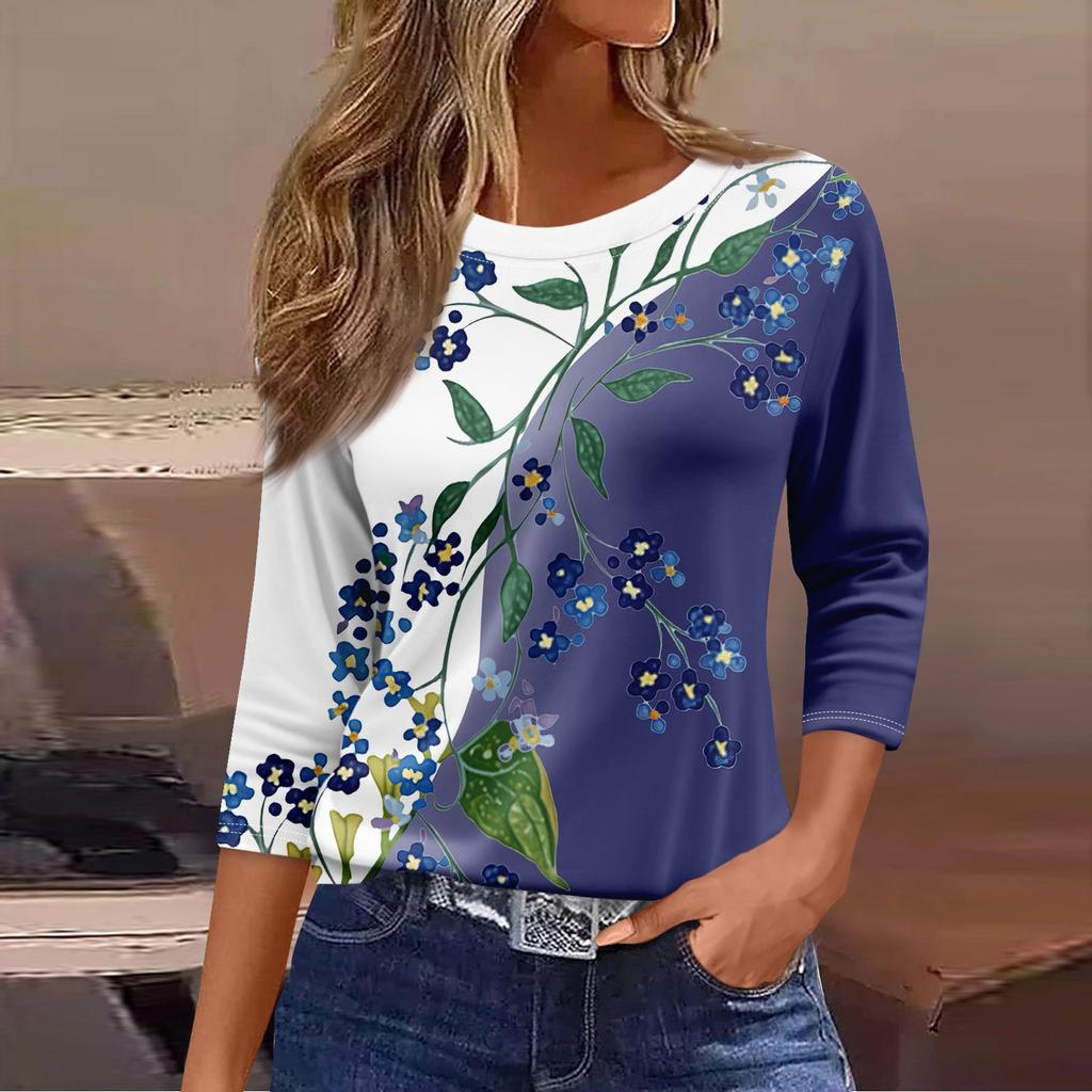Women's Fashion Casual Round Neck 3/4 Sleeve Loose  Printed T-Shirt Ladies Top