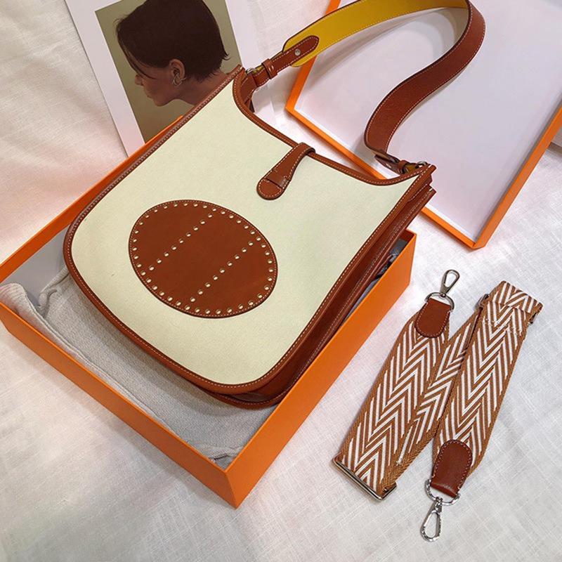 Retro bag, bucket bag, vegetable-tanned cowhide patchwork genuine leather women's bag, versatile for commuting, single-shoulder crossbody bag