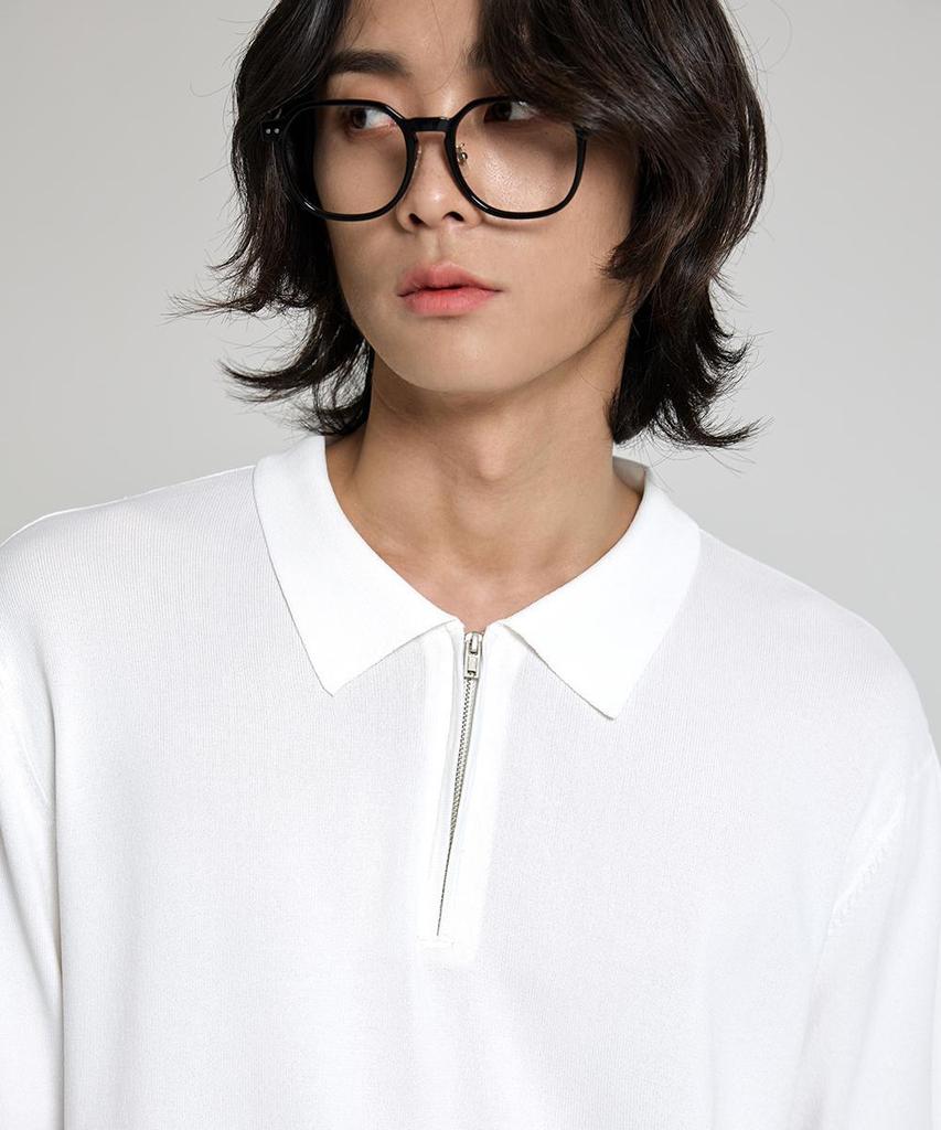 AGOD Washable Half-Zip Collared Short-Sleeve Knit [Ivory]