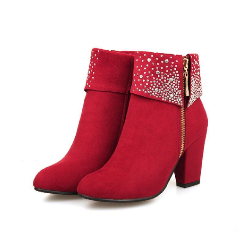 

Осенняя женская мода Зимние ботинки на массивной подошве со стразами на молнии Кожаные ботинки Ботинки Мартин 38 красный