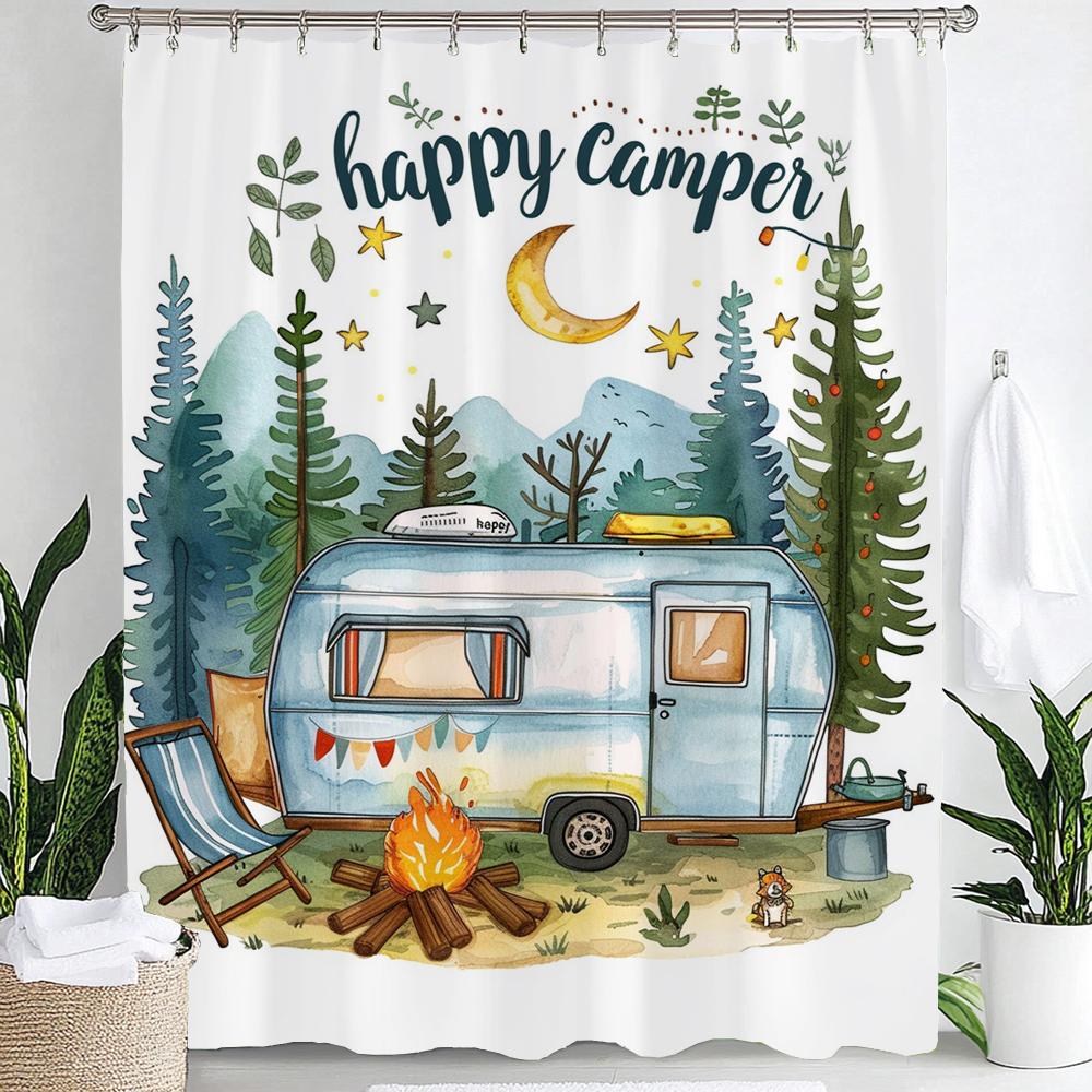 Happy Campers Cartoon Printing Shower Curtain Bathroom Decoration Curtain,Hanging Curtain With Hooks Machine Washable