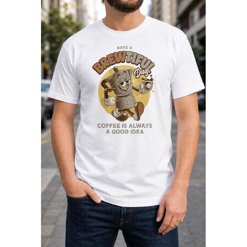 Plus Size - Men's T-Shirt S-5XL Featuring a Fun Coffee Pot Graphic with 'Have A Brewtiful Day' Slogan - a Casual Short-Sleeve Crew-Neck Top With a