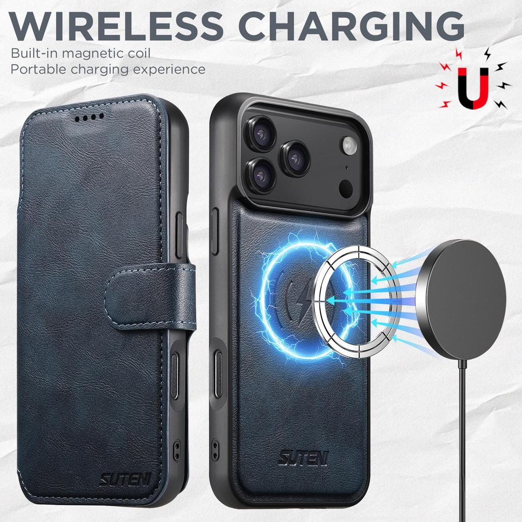 iPhone 17 Pro Max Flip Case with Card Slot & Magnetic Snap, 2-in-1 Wireless Charging Stand, Leather Design