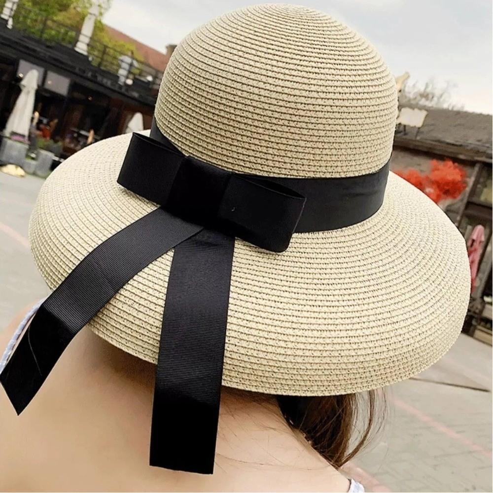 Cappello di Paglia Traspirante Vintage a Tesa Larga Protezione UV Cappello Parasole con Nastro Nero Cappello da Sole da Donna