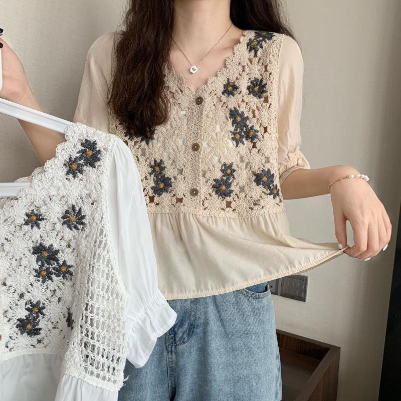Spring Summer Crochet Top Chiffon Flower Embroidery Daisy Long Sleeve Button Front Fake Two-Piece Blouse