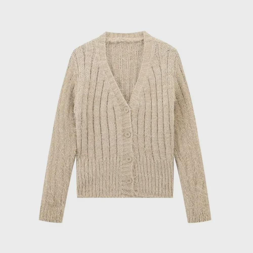 Women's Autumn V-Neck Knitted Cardigan - Soft, Gentle Style, Slim Fit Sweater Jacket