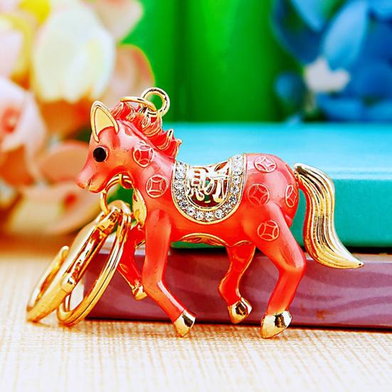 Keychain Pendant Double-Sided Rhinestone Chinese Zodiac Fortune-Attracting Horse Key Chain Metal Handbag Charm