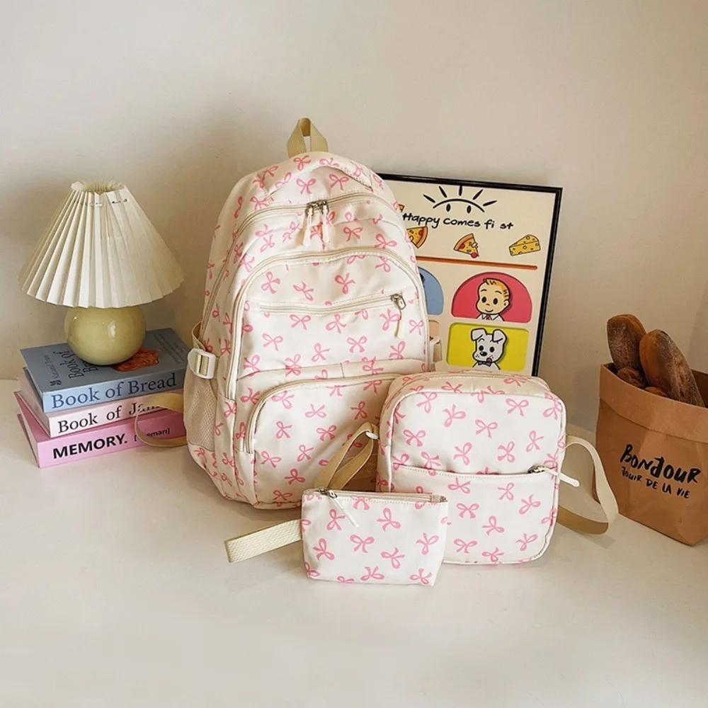 3 Pcs/Set Fashion Large Capacity Bow Backpack Bow Print Adjustable Strap Student Backpack Nylon School Bag
