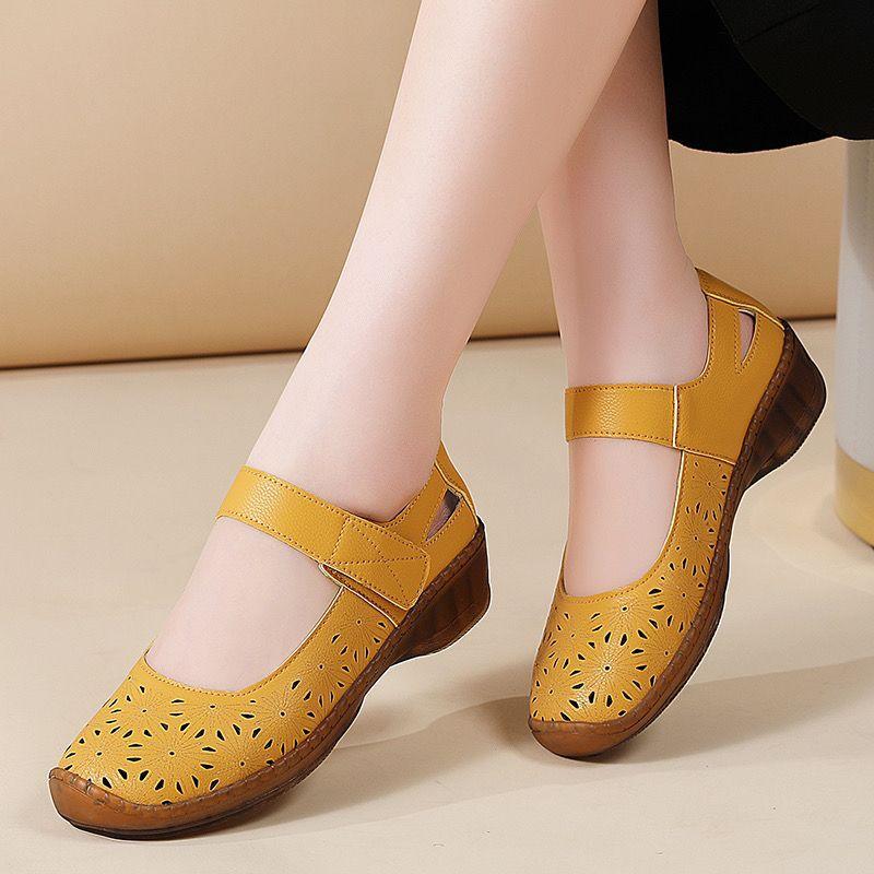 

Летняя кожаная подошва из говяжьей жилы, туфли-лодочки с неглубоким вырезом, женские полые дышащие туфли для мам среднего возраста, плоские нескользящие сандалии для бабушек 41