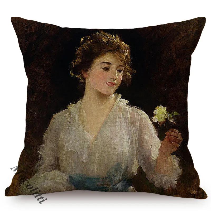 Elegant Lady Beautiful Nordic Classical Woman Oil Painting Home Decorative Throw Pillow Case Art Room Gallery Sofa Cushion Cover