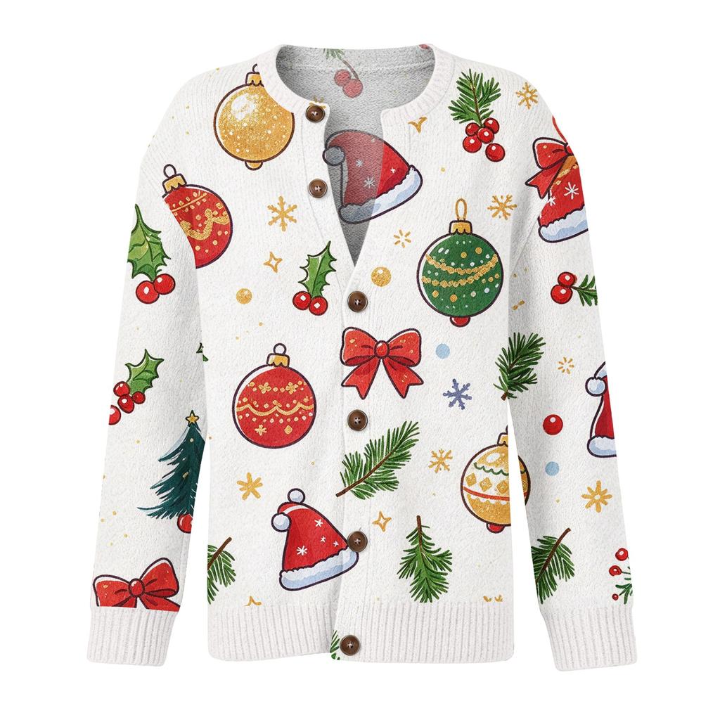Dames Kerstprint Lange Mouwen Gebreide Vest Knopen aan de Voorkant Trui voor Feestdagen en Winterkleding