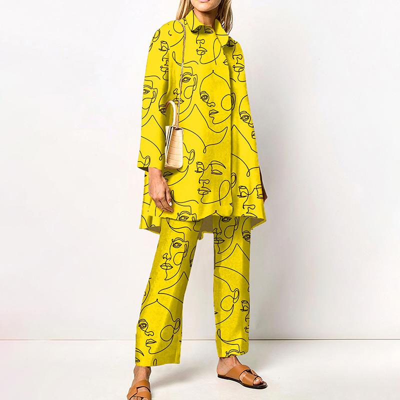 Grünes geometrisches Print Damenhemd und Wide Leg Hosen Kombinationsset