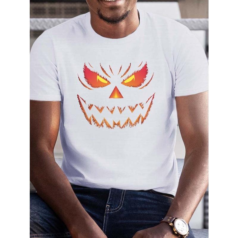 

European sizes Halloween Menacing Jack-o-lantern Face Print Plus Size Men s Crew Neck Short Sleeve Trendy T-Shirt, Versatile Comfortable Breathable 2XL белый