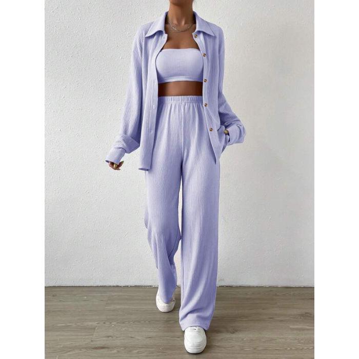 

2026 Plus Size Women s Black Textured Shirt & Wide Leg Pants Two-Piece Set - Gray Casual Outfit XL світло-фіолетового кольору