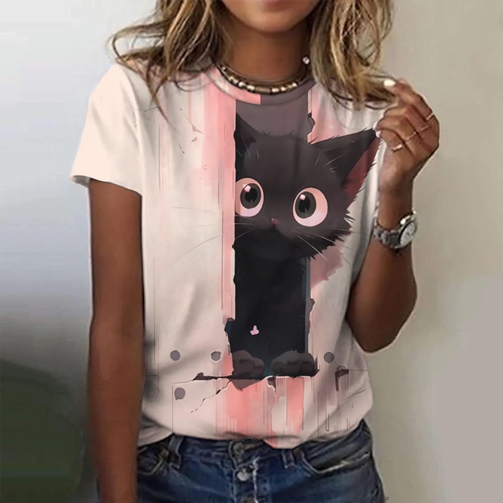Damen T-Shirt 3D Niedliches Tier Mode Katze Print T-Shirt Sommer Top Lässig Kurzarm Y2k Übergroße Kleidung
