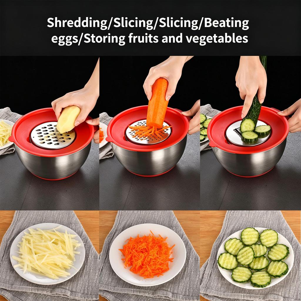 Stainless Steel Mixing Bowl Set with Graters, Lid and Non-slip Silicone Bottom, Multi-purpose Kitchen Prep Bowls for Baking Cooking Salad Dough Mixing