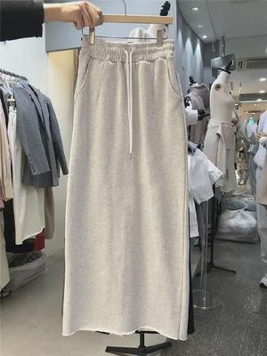 2025 Dongdaemun Split Midi Skirt: Elastic Waist, Solid Color, All-Season Fashion