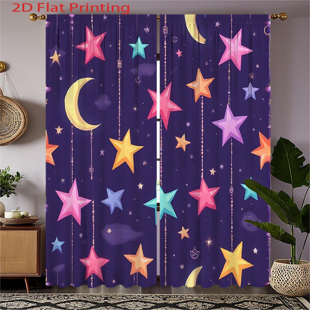

2D Flat 2pcs 2D Flat Printing Curtains Colorful Stars Moons Night Sky Pattern. Rod Pocket Style with Velvet Fabric for Home 100*130 HOOK 1pcs