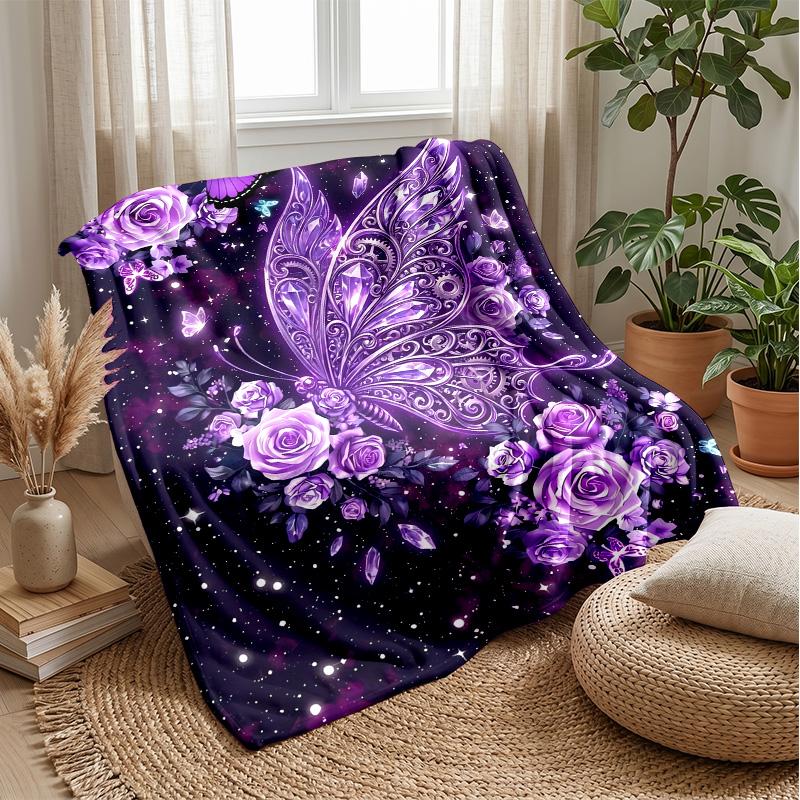 Purple Butterfly and Rose Decor Theme Blanket Lightweight Warm Flannel Blanket Decorative Throw Blanket for Home Decoration